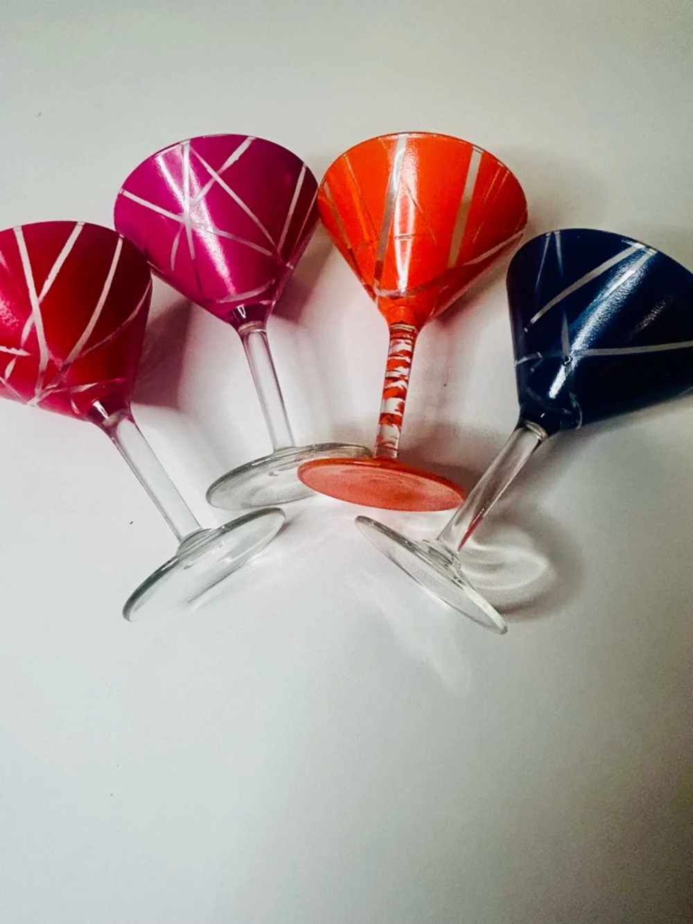 Handpainted Martini Glasses  Set of Four 4 Blue Orange Red Pink Home Decor
